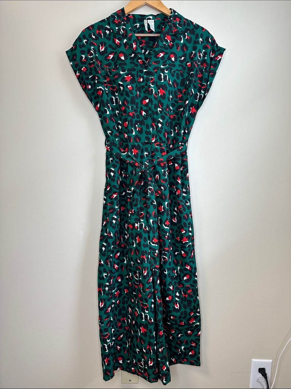 Japana Red/Black/Green Leopard Print Tie-Waist Midi Jumpsuit Size Medium